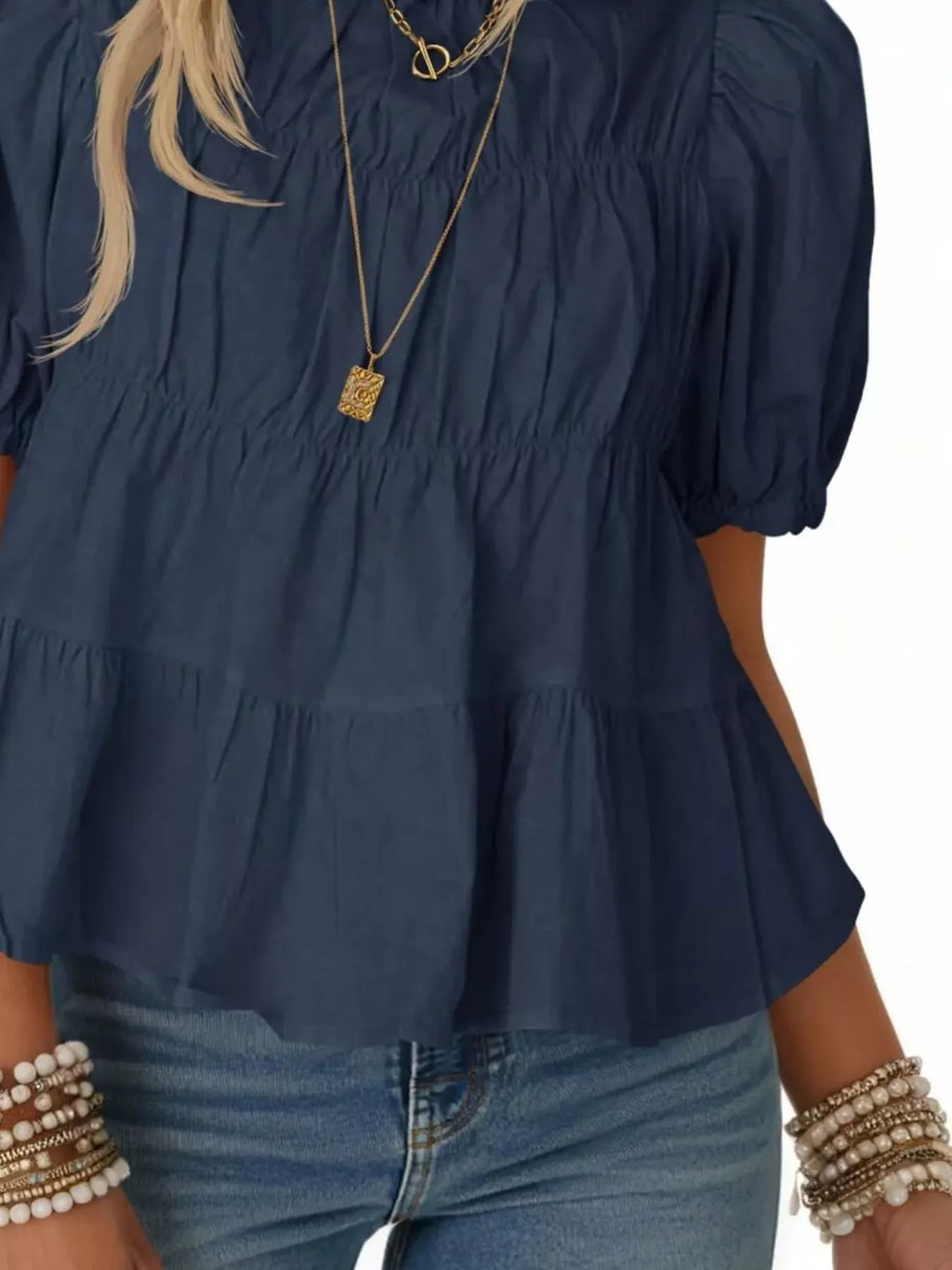 Ruched Tiered Puff Sleeve Blouse