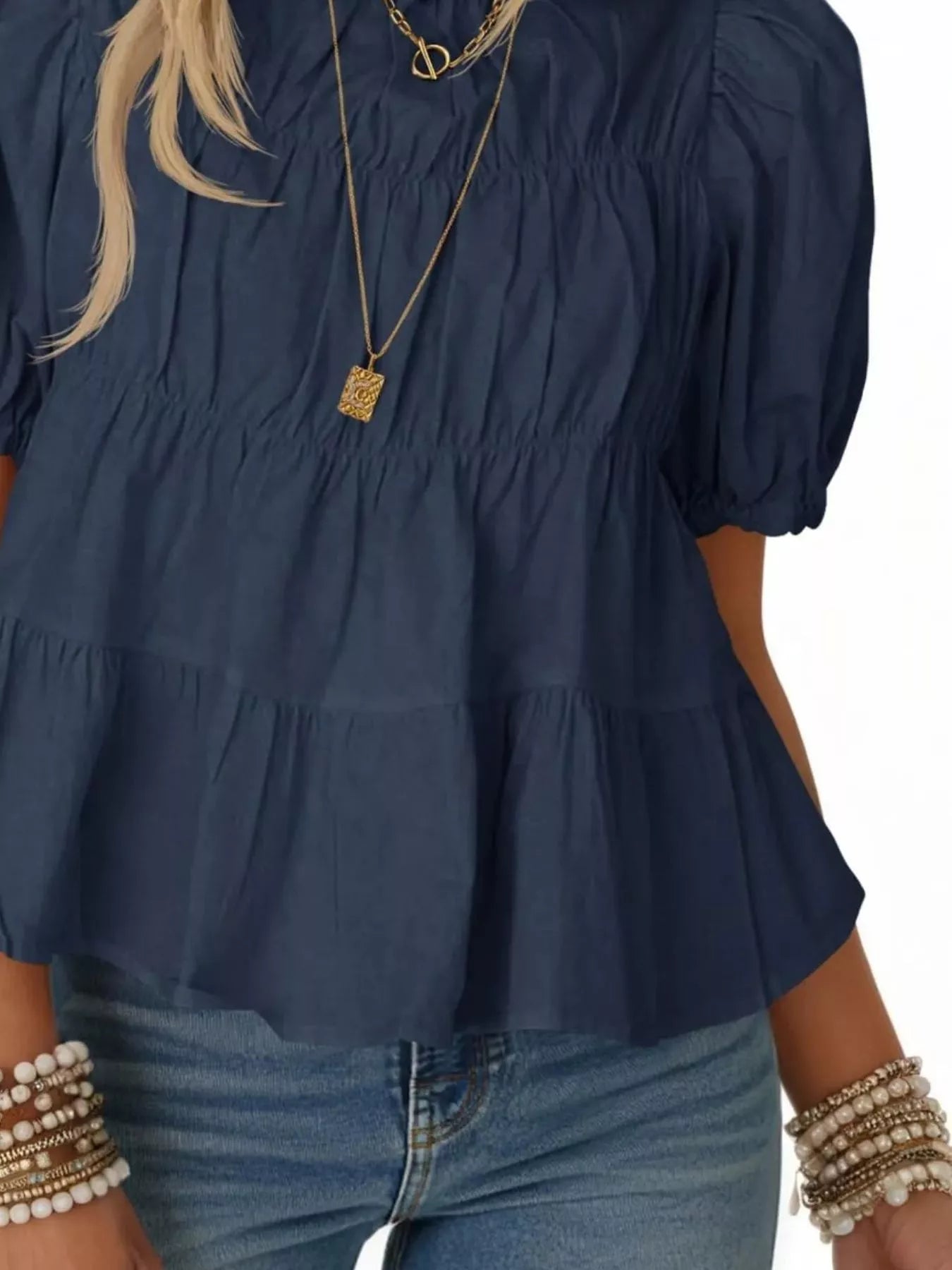 Ruched Tiered Puff Sleeve Blouse
