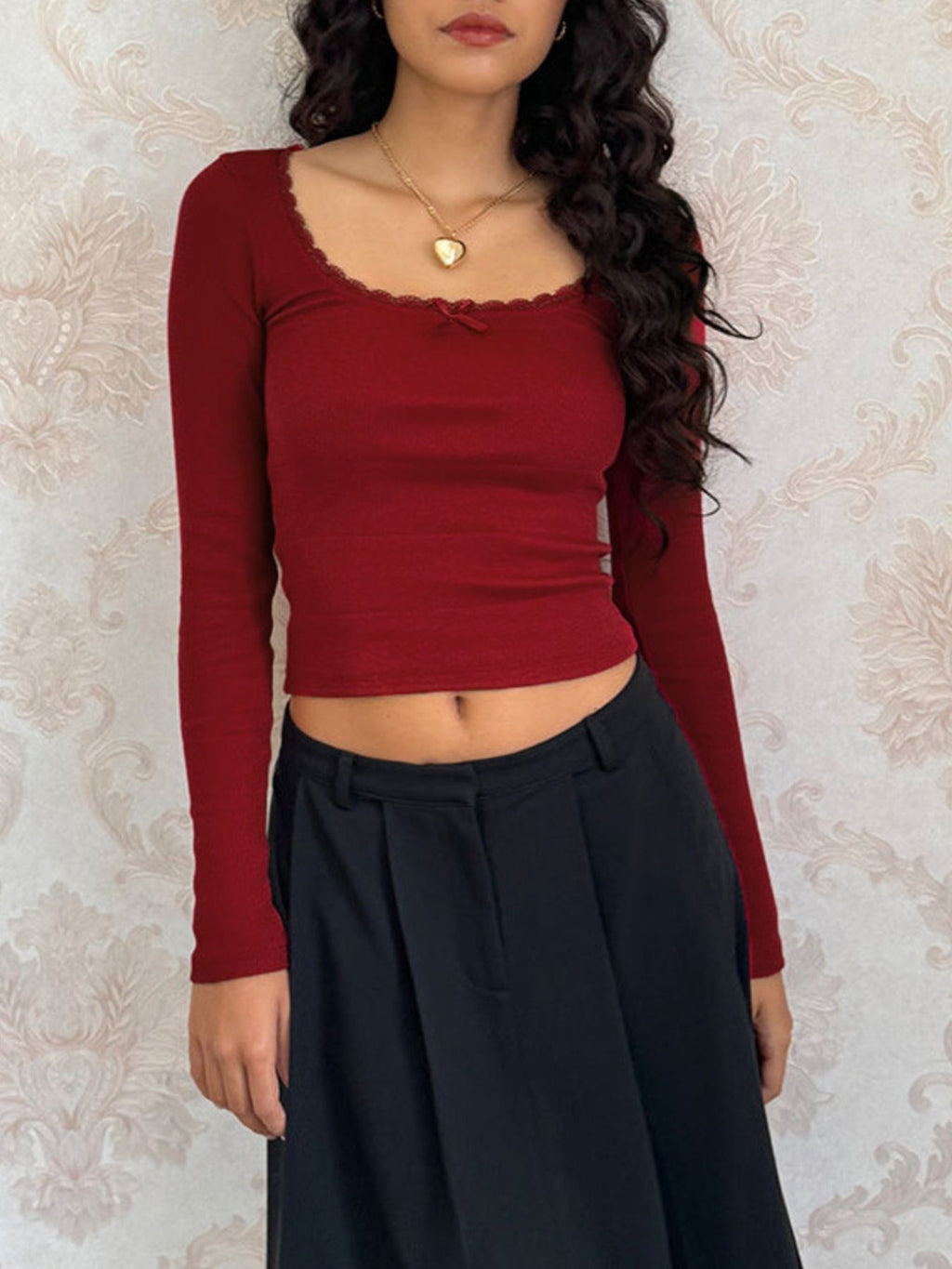 Lace Detail Long Sleeve Crop T-Shirt