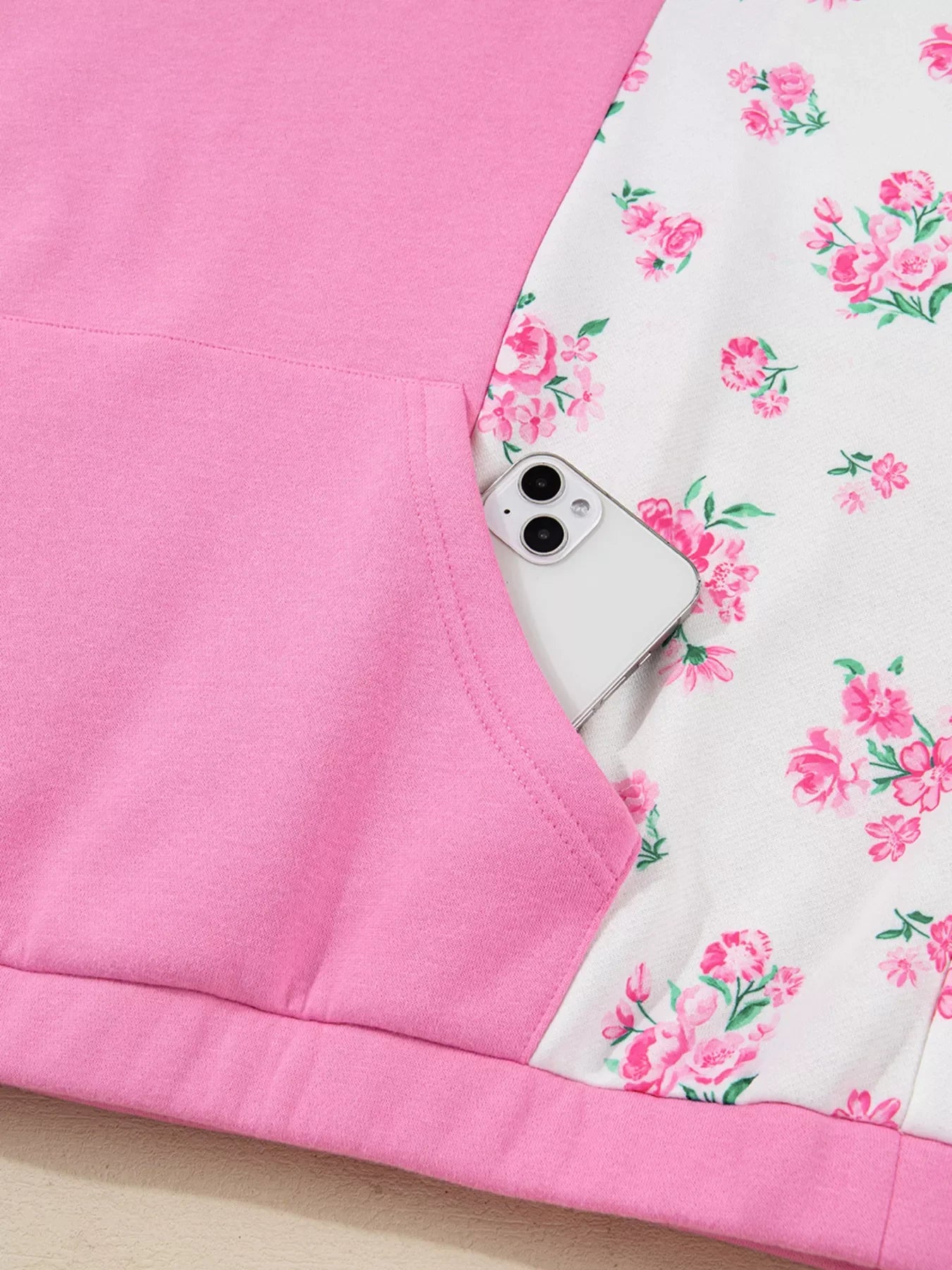Plus Size Contrast Polo Collar Floral Patchwork Elastic Cuffs Long Sleeve Top