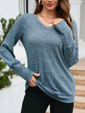 V-Neck Textured Knit Long Sleeve T-Shirt
