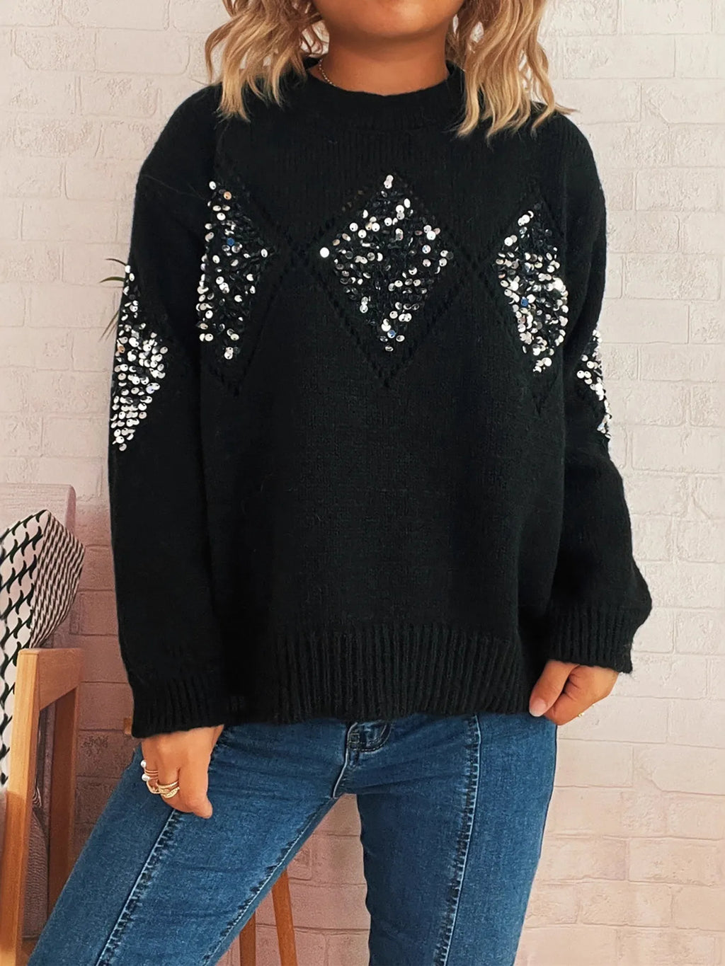 Sequined Diamond Pattern Oversized Sweater