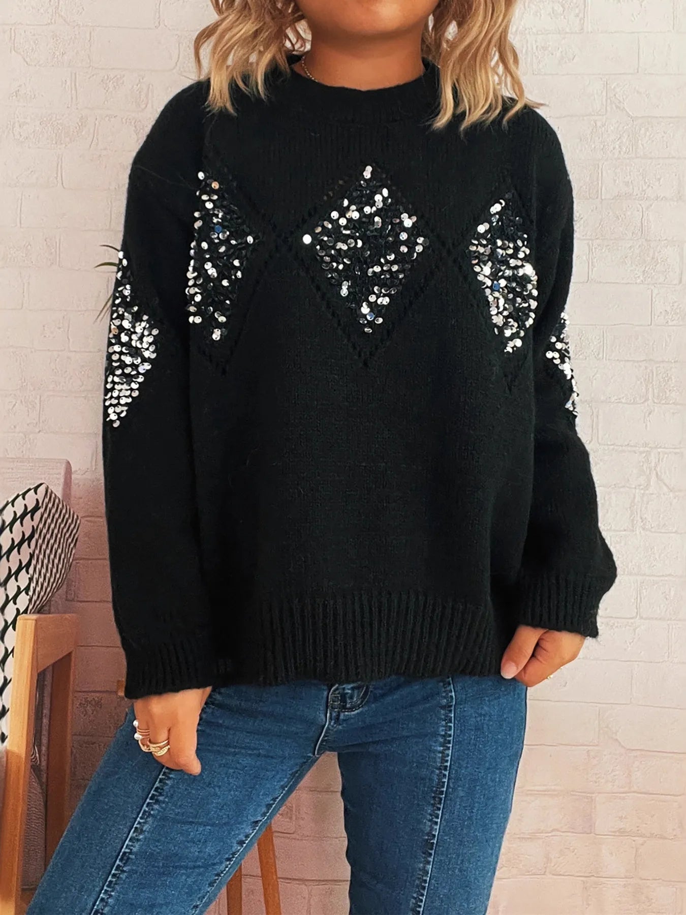 Sequined Diamond Pattern Oversized Sweater