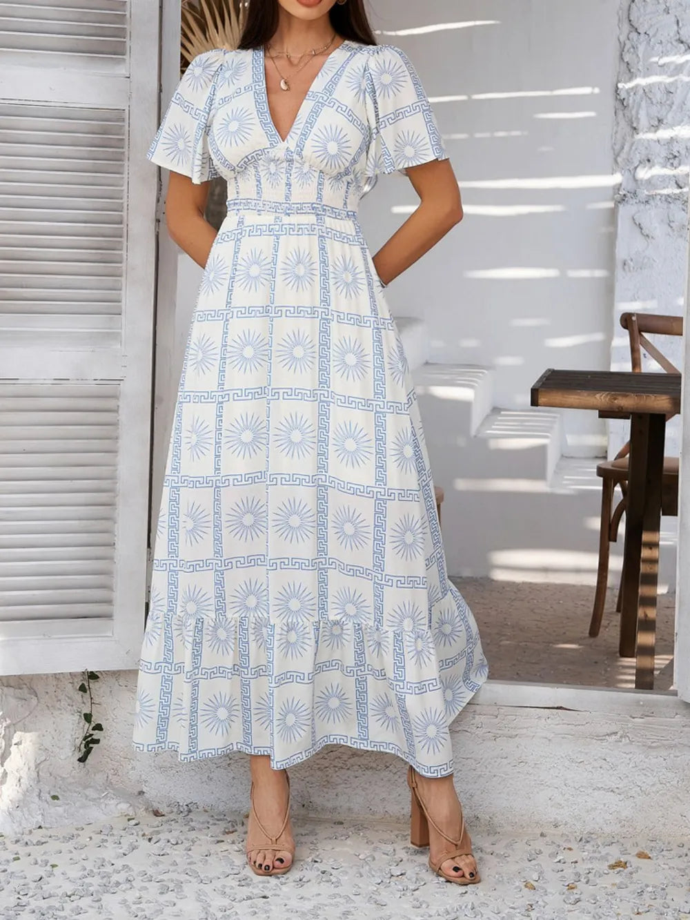 Devine Smocked Printed V-Neck Short Sleeve Maxi Dress