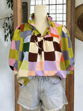 Plaid Ruffle Collar Half Sleeve Blouse