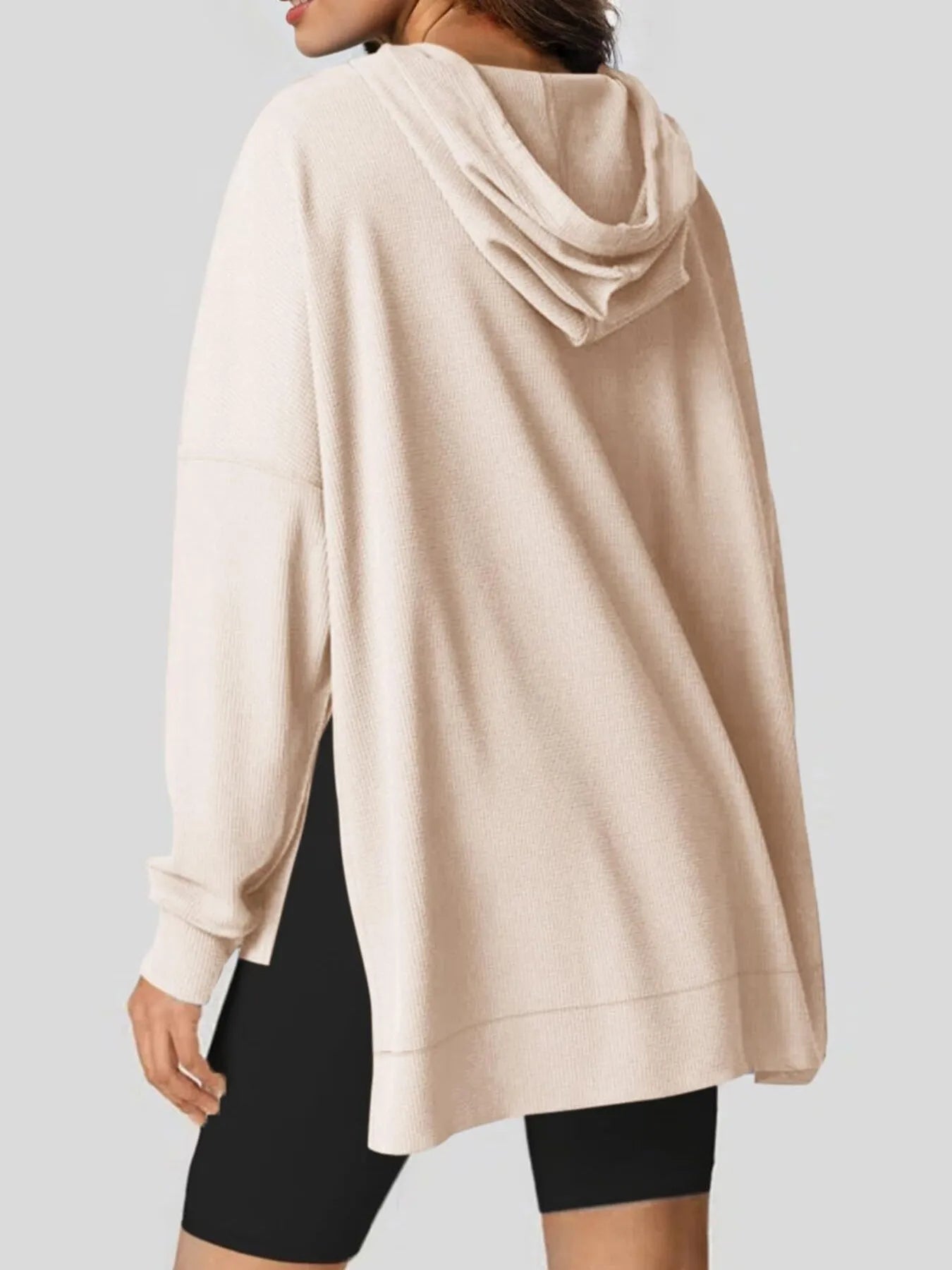 Slit Drawstring Waffle Knit Hoodie