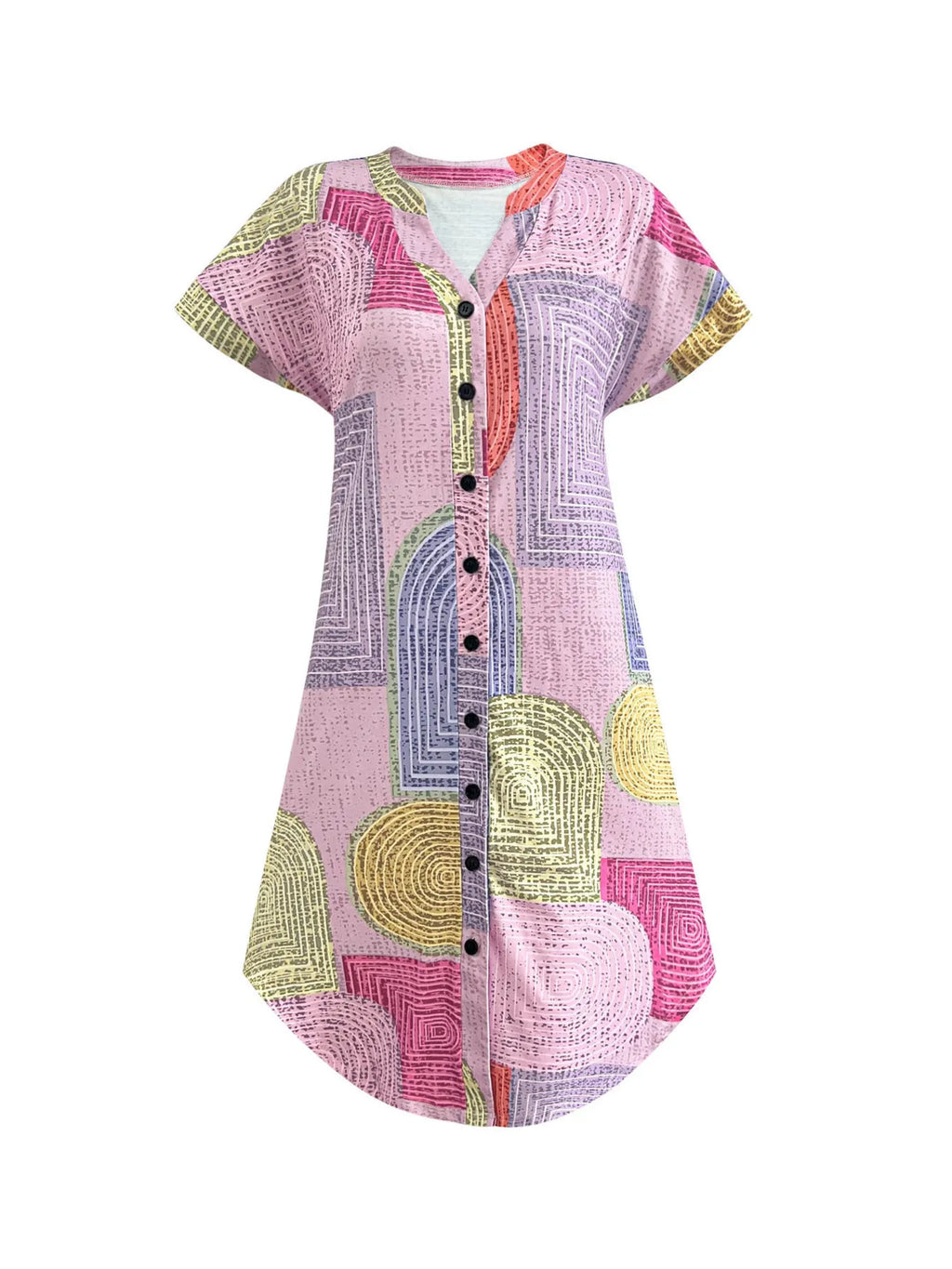 Geometric V-Neck Short Sleeve Button-Front Dress