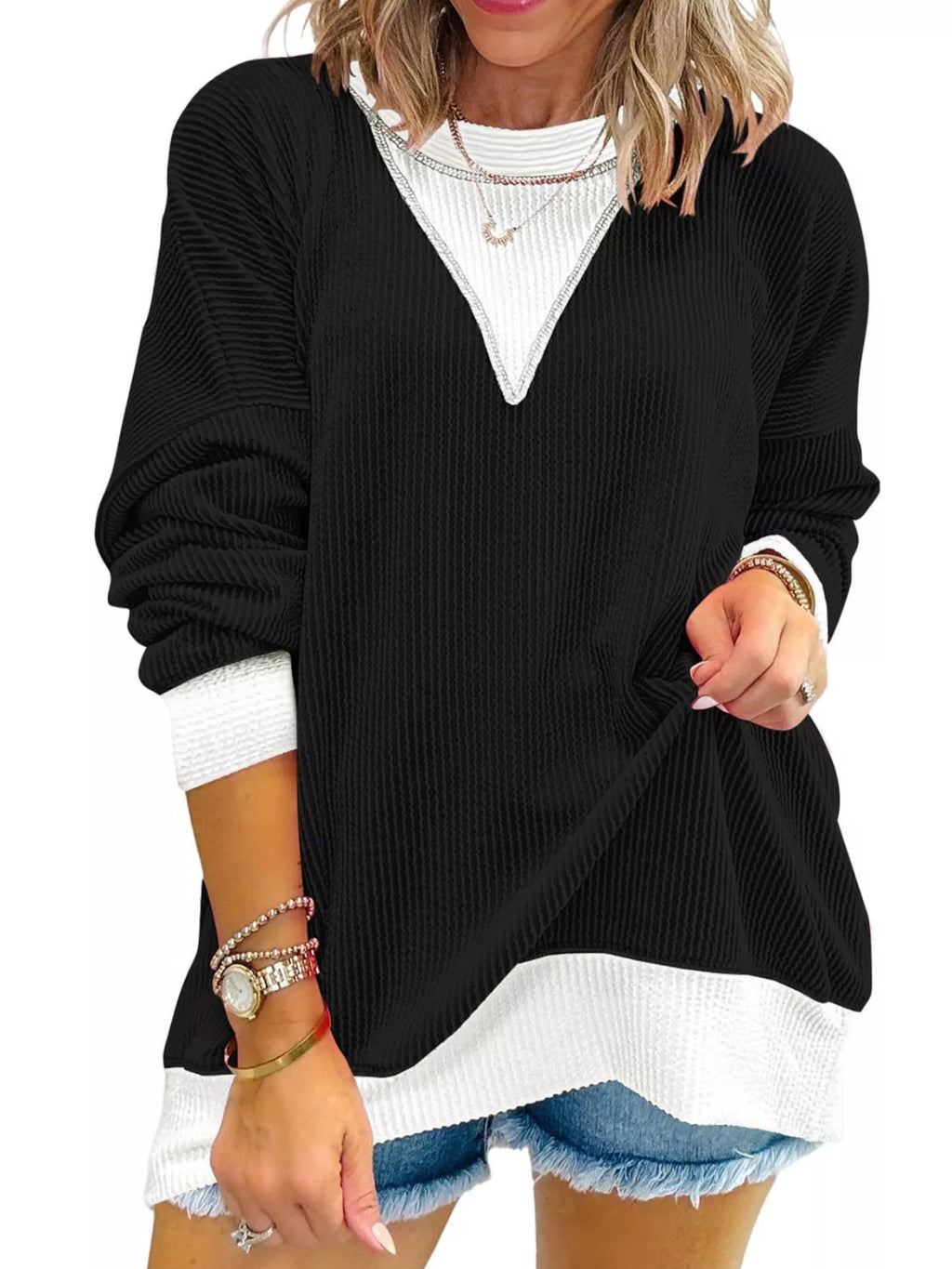 Two-Tone Ribbed Knit Sweatshirt
