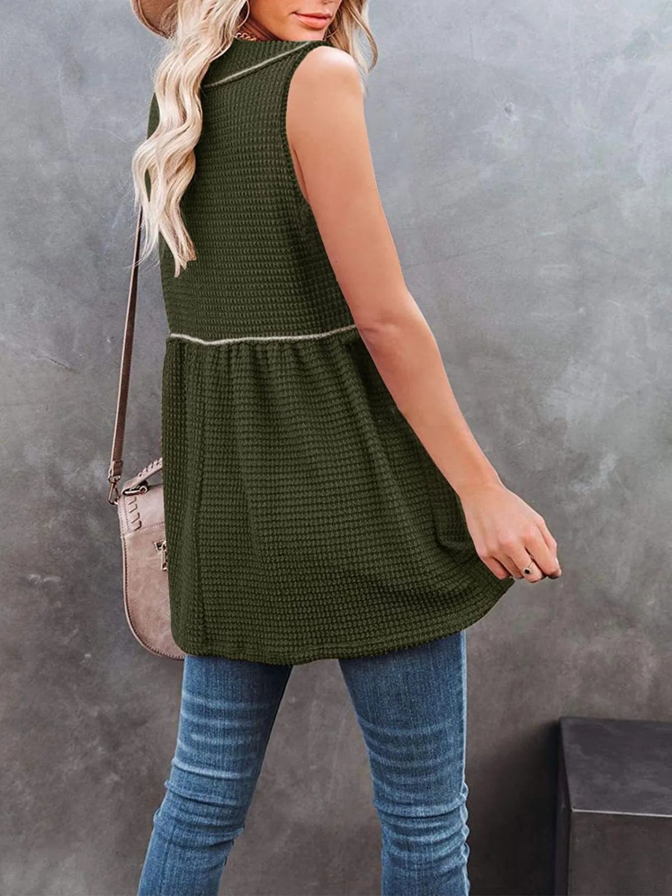 V-Neck Waffle Knit Tank Top with Contrast Stitching