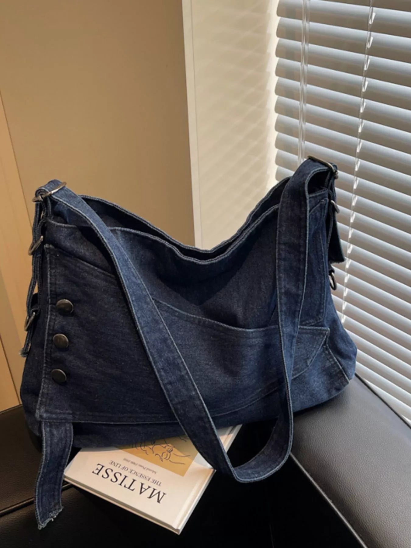 Casual Denim Crossbody Bag with Button Detail