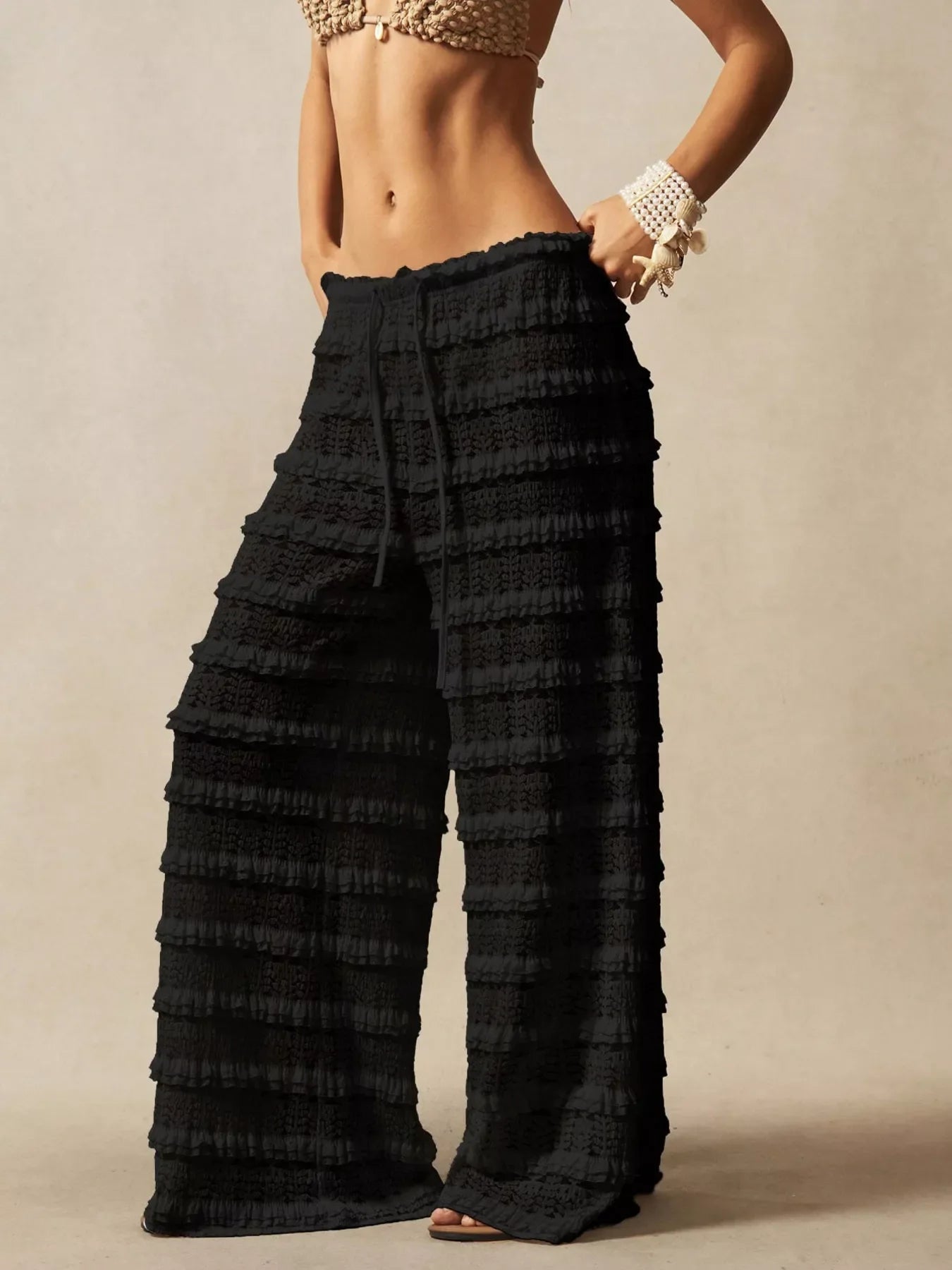 Lace Drawstring Wide-Leg Pants
