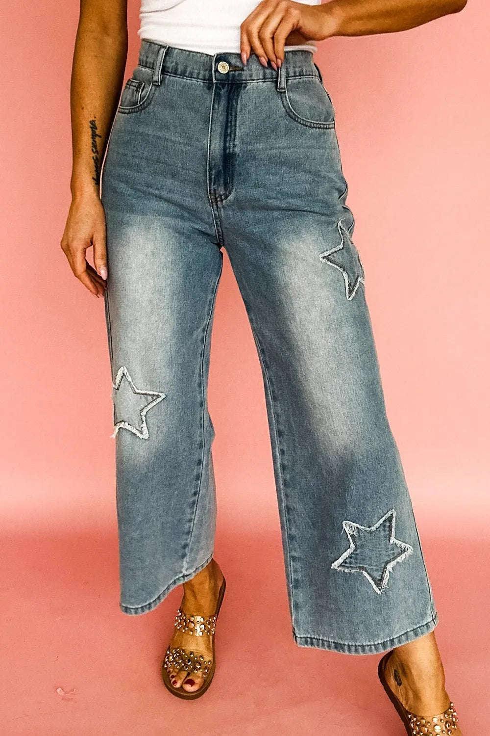 Star Embroidered High Waist Wide Leg Jeans