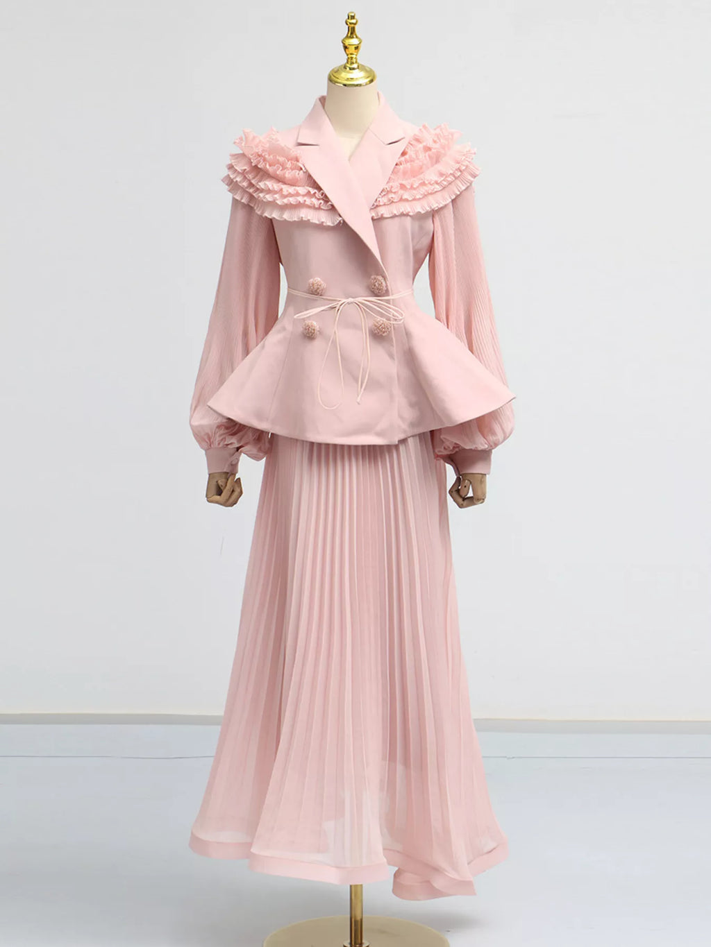 Frill Lapel Collar Top and Pleated Skirt Set
