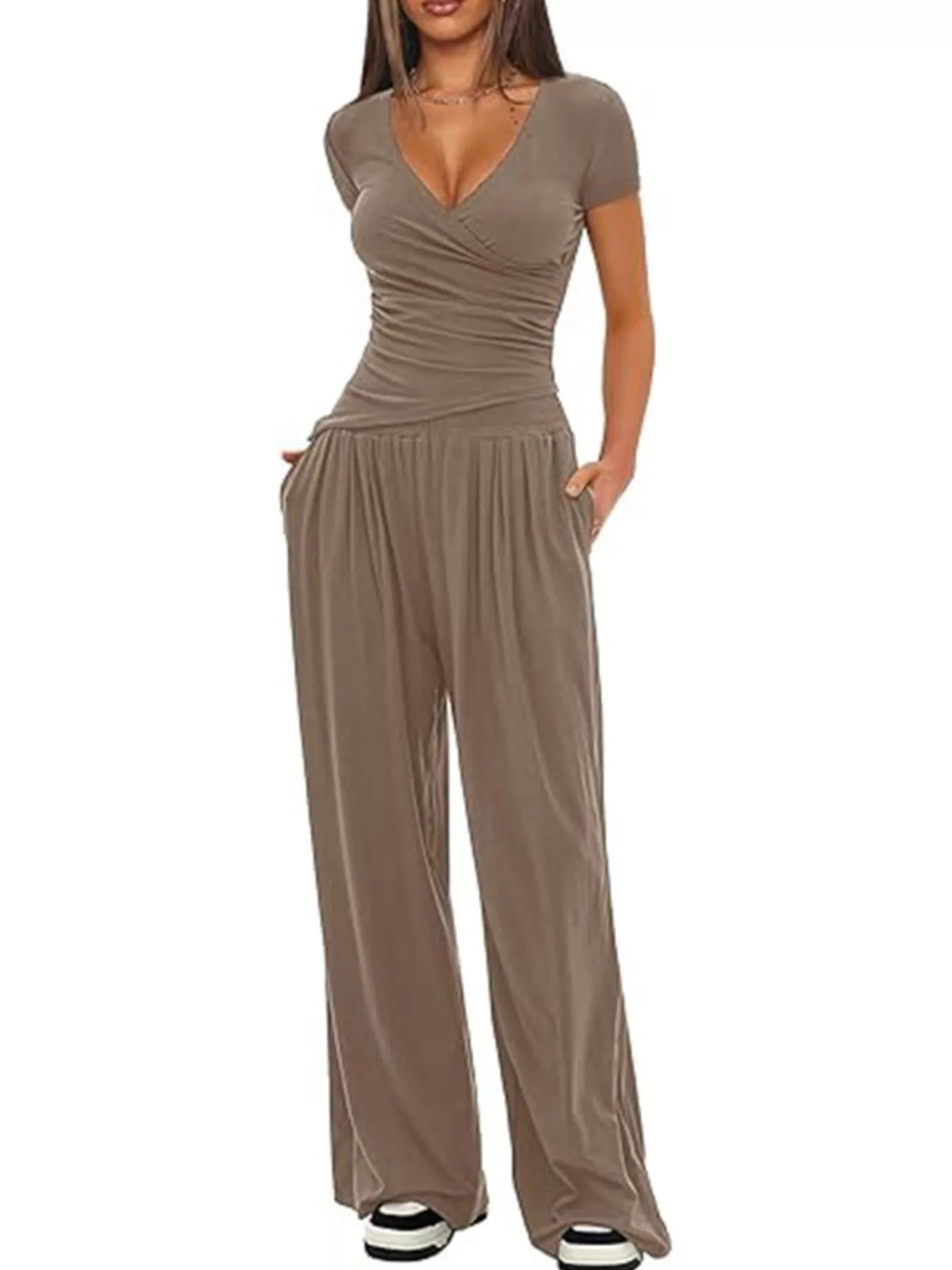 Surplice Short Sleeve Top and Pants Set