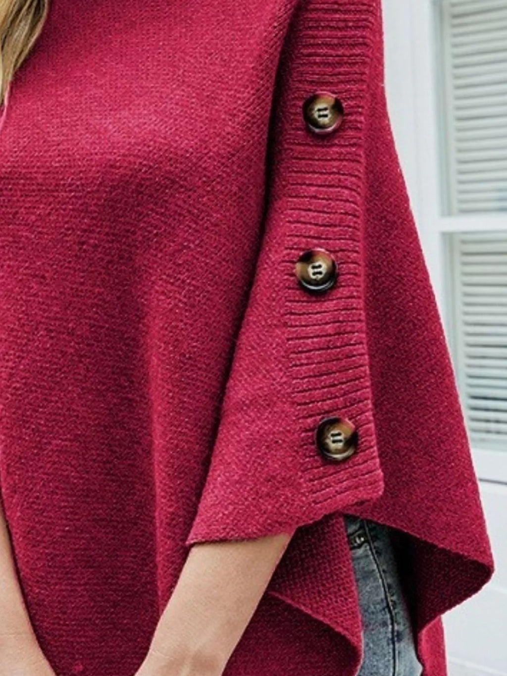Button-Decor Turtleneck Poncho Pullover