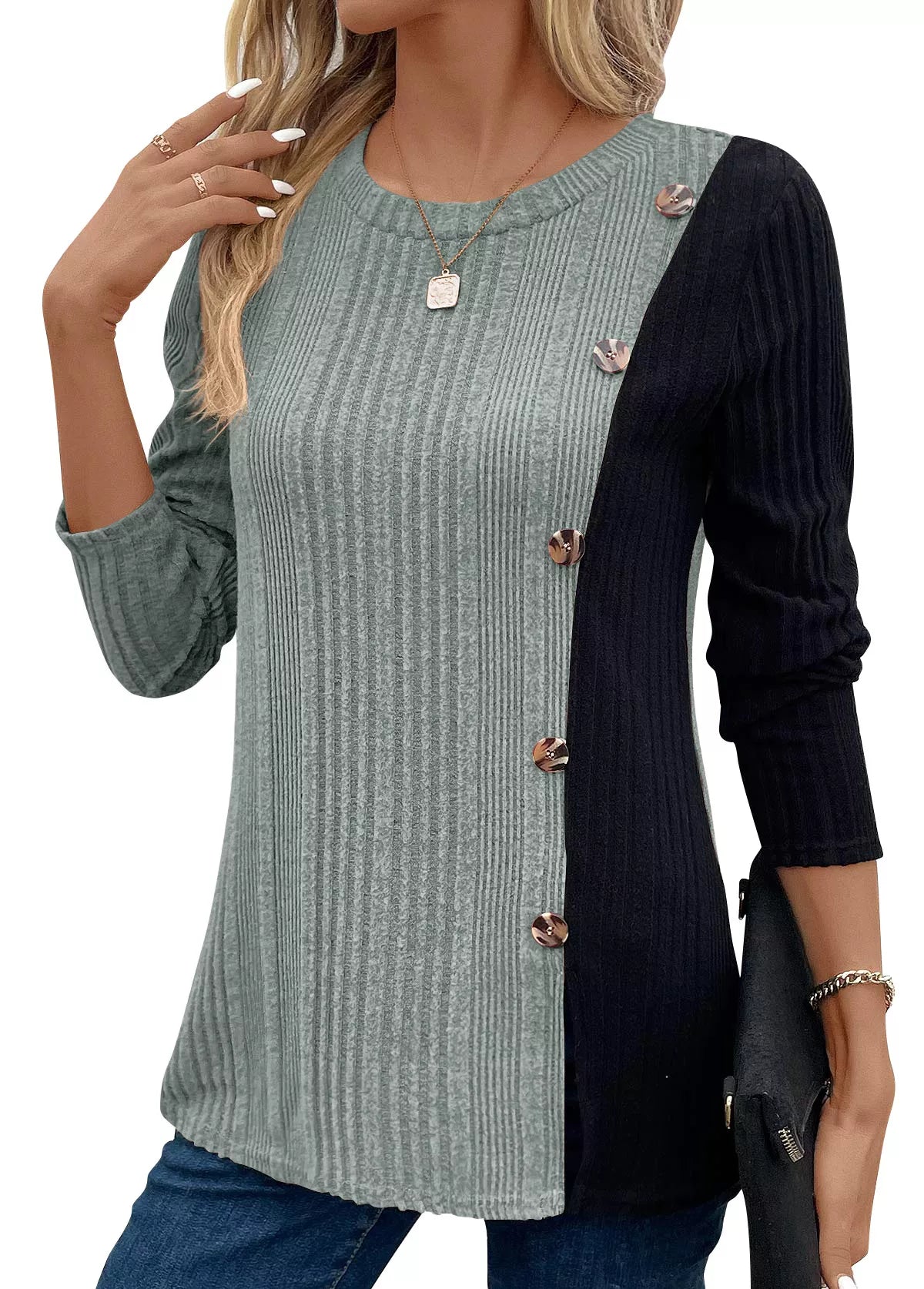 Color Block Ribbed Knit Decor Button T-Shirt