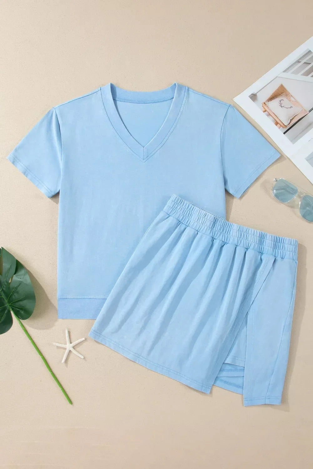 Casual V-Neck Short Sleeve Top and Skort Set