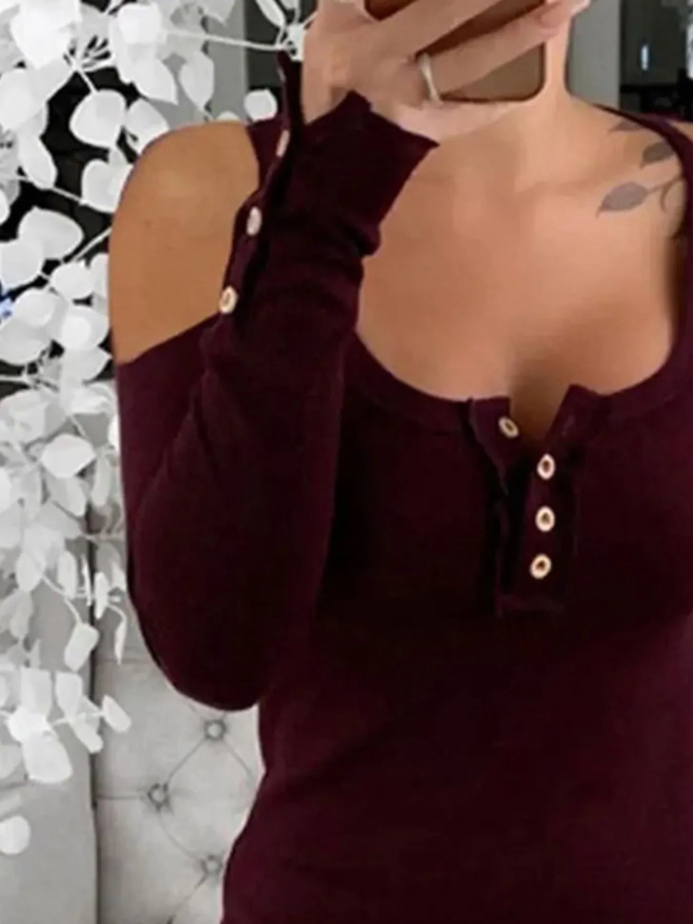 Cold Shoulder Ribbed Henley T-Shirt with Button Detail