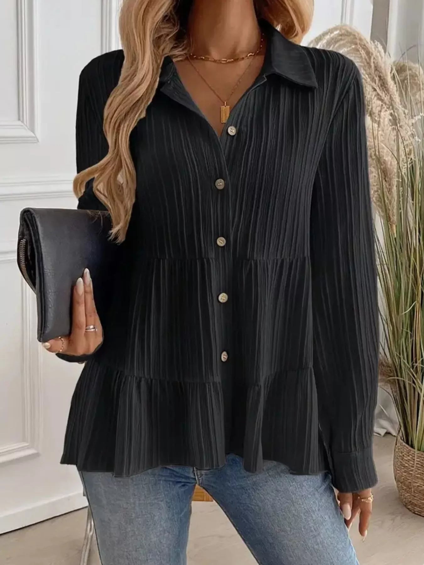 Button-Down Long Sleeve Tiered Shirt