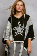 POL Floral Star Patch Hooded Blouse with Lace Contrast Detail