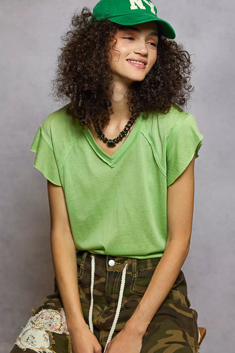 POL V-Neck Short Sleeve T-Shirt with Ruffle Sleeve
