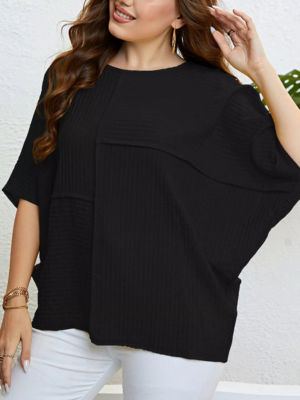 Plus Size Relaxed Fit Textured Half Sleeve T-Shirt