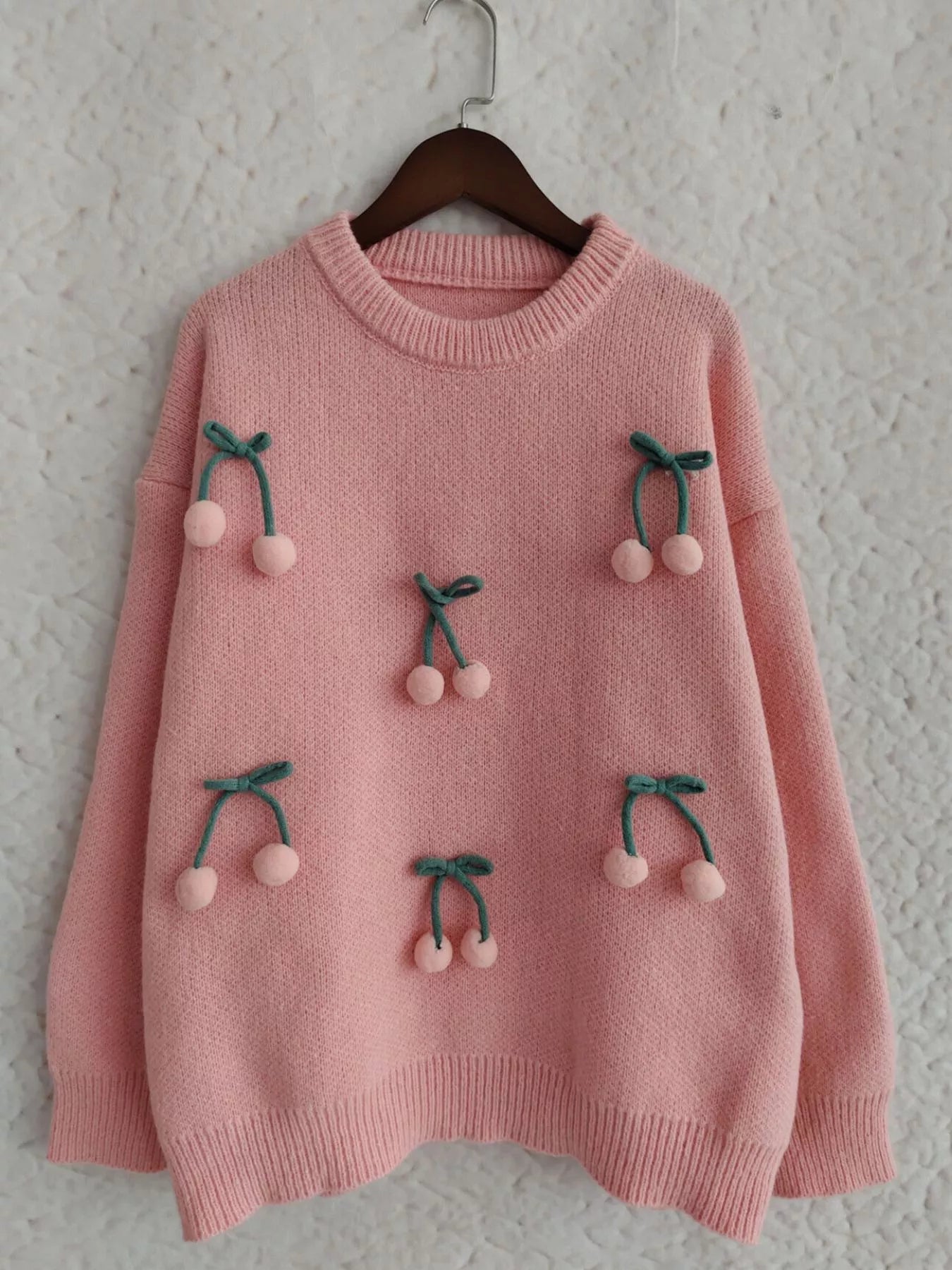 Cherry Pom-Pom Knit Round Neck Sweater