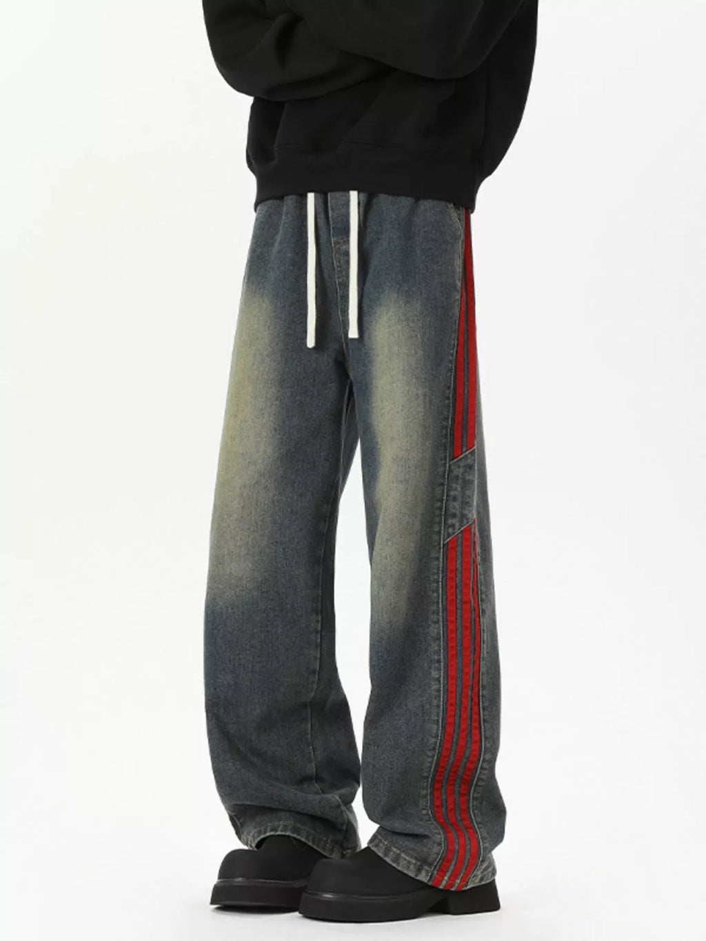 Men's Full Size Wash Wide-Leg Jeans with Stripe Plus Size