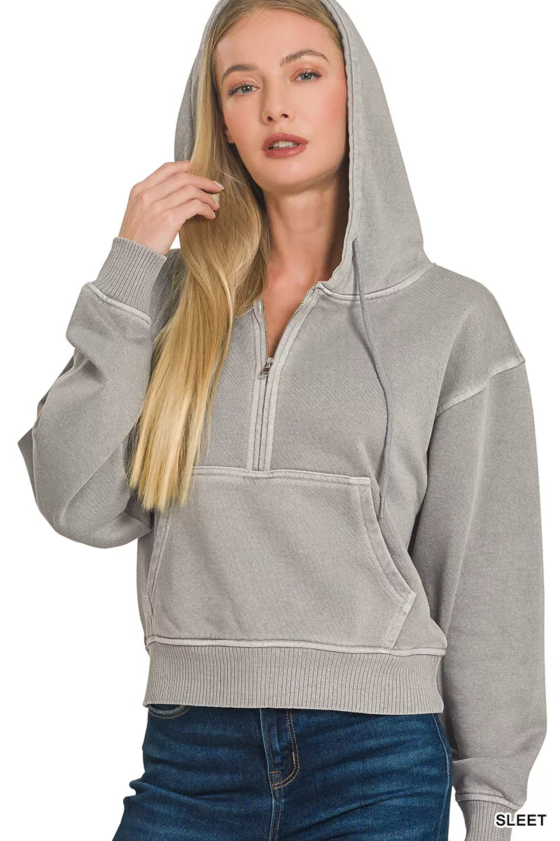 Zenana Fleece Pigment Dye Half Zip Kangaroo Pocket Hoodie
