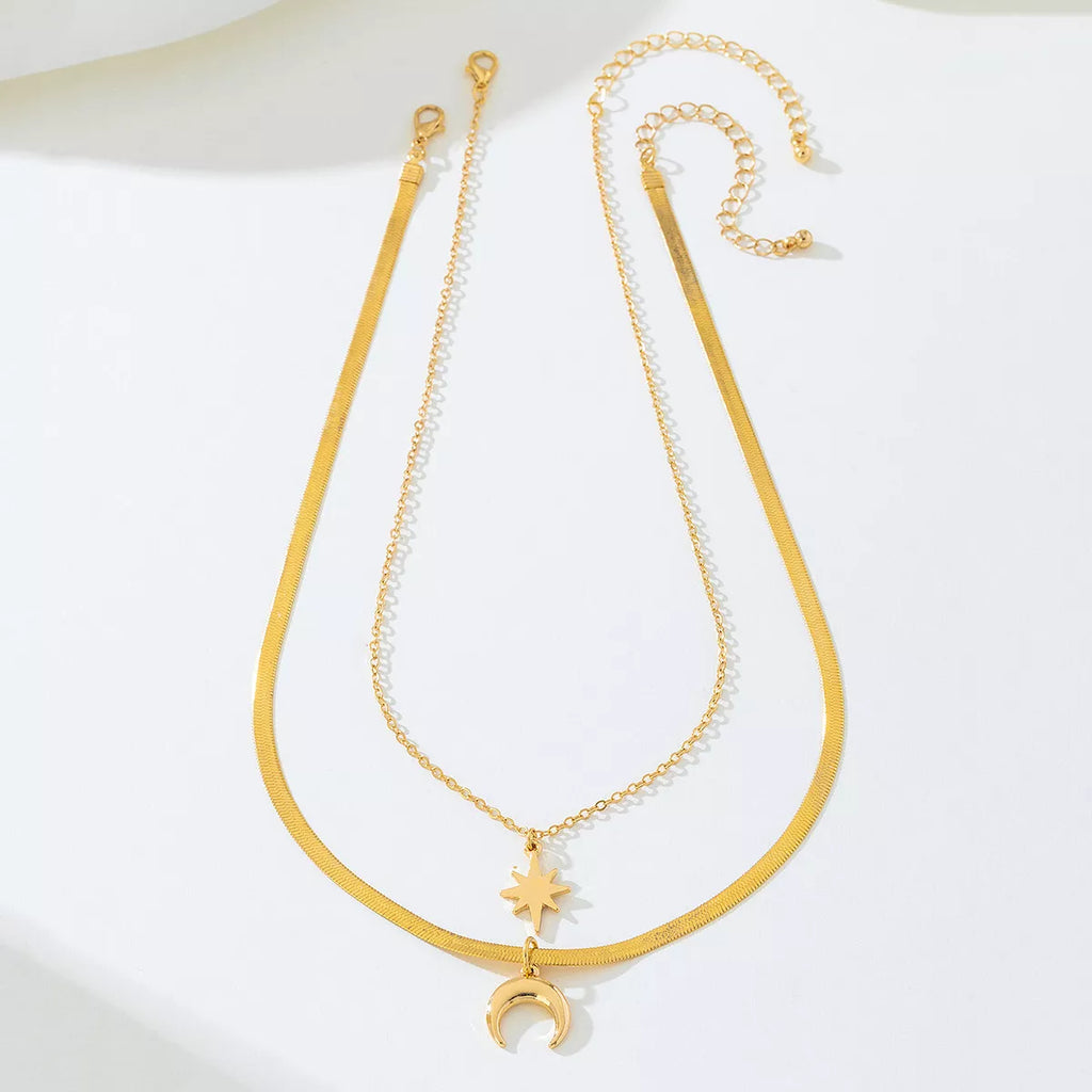 2 Piece 18K Gold-Plated Moon & Star Necklace