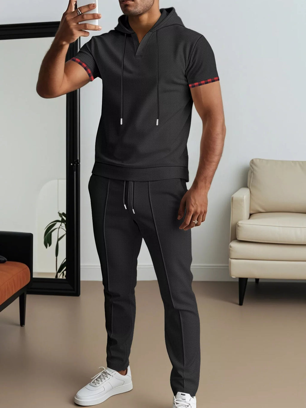 Men's Full Size Casual Short-Sleeve Hoodie and Pants Set Plus Size