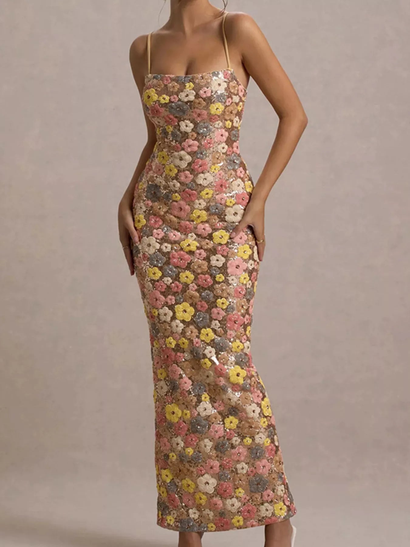 Floral Sequin Embellished Bodycon Maxi Dress