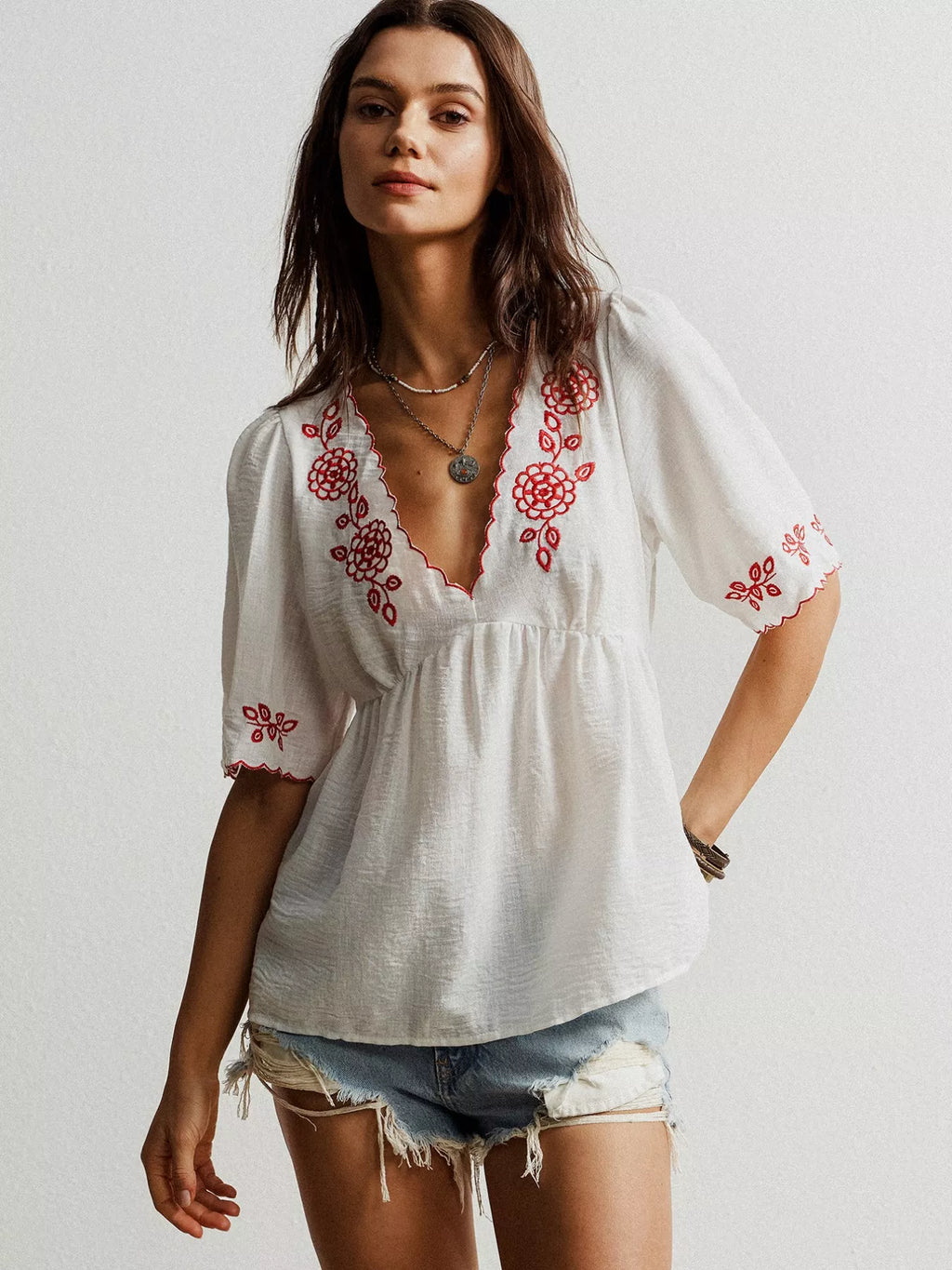 Embroidered Floral V-Neck Blouse