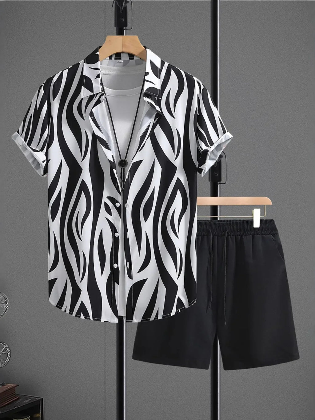 Men's Zebra Print Short Sleeve Shirt and Shorts Set