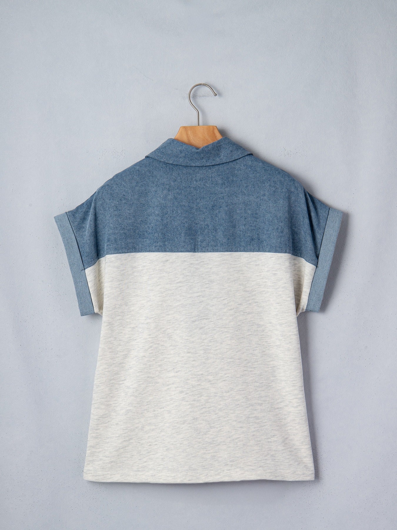 Color Block Denim Patchwork Button Polo Collar Short Sleeve Top
