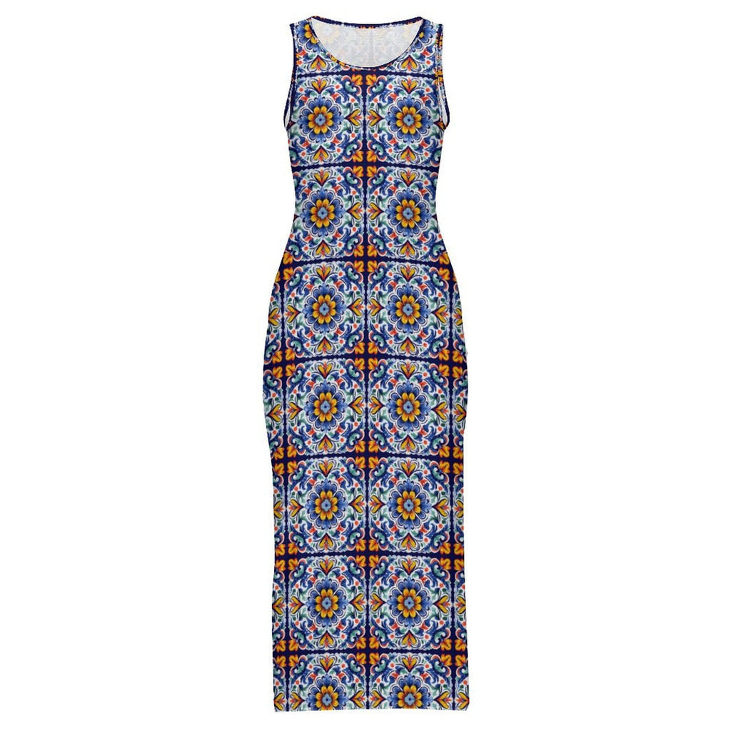 Baha Ranch Colores de Mexico Talavera Sleeveless Bodycon Side Slit Long Dress