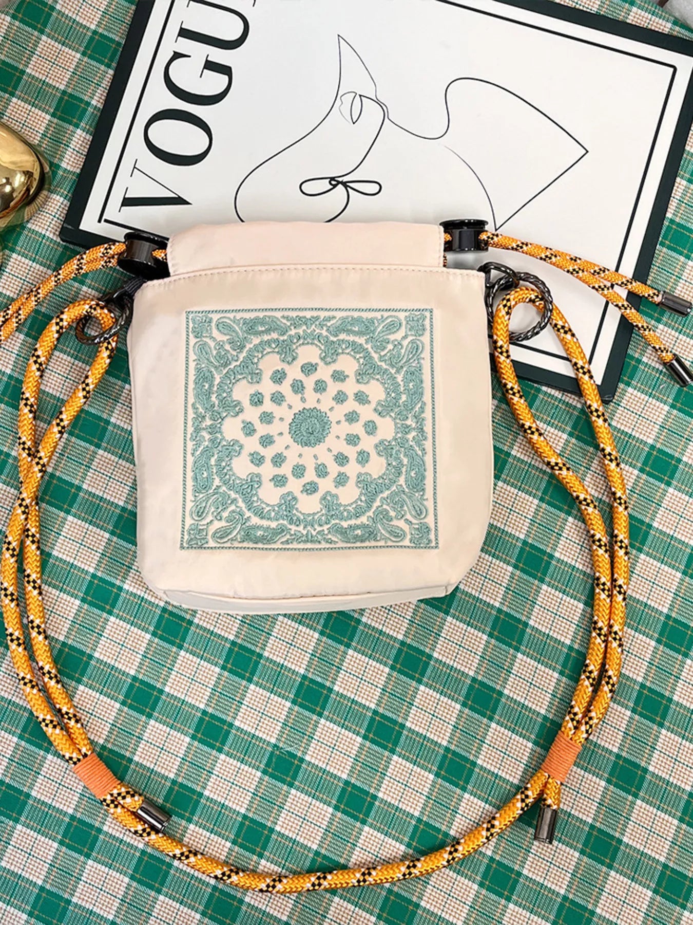 Embroidered Crossbody Bag with Rope Strap