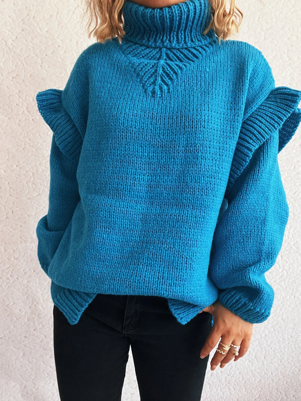 Ruffled Turtleneck Long Sleeve Sweater