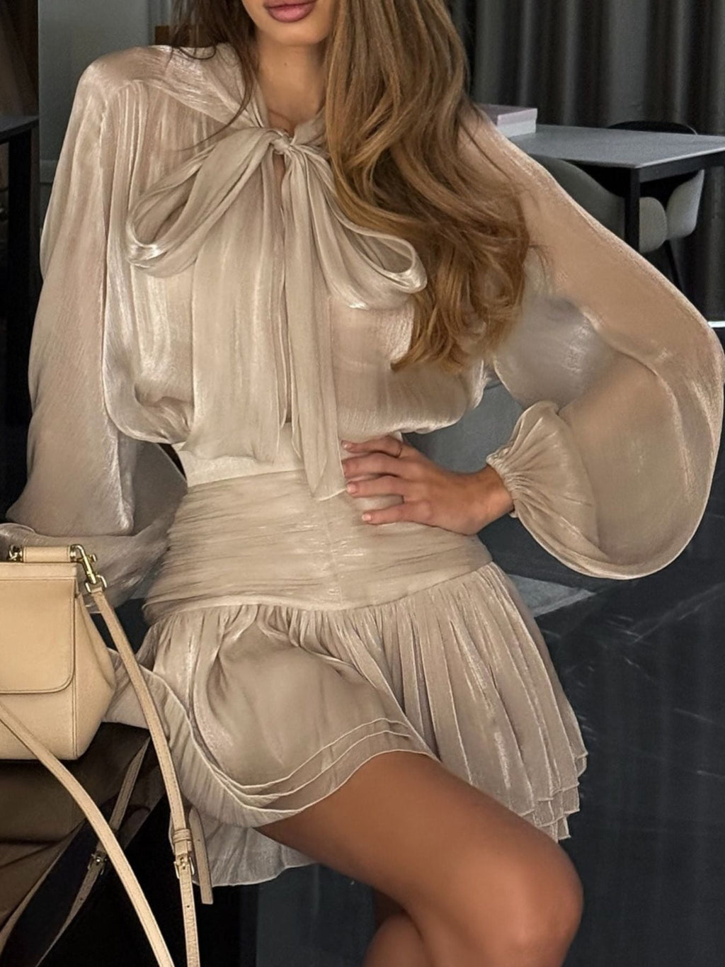 Bow-Tie Blouse and Ruched Mini Skirt Set