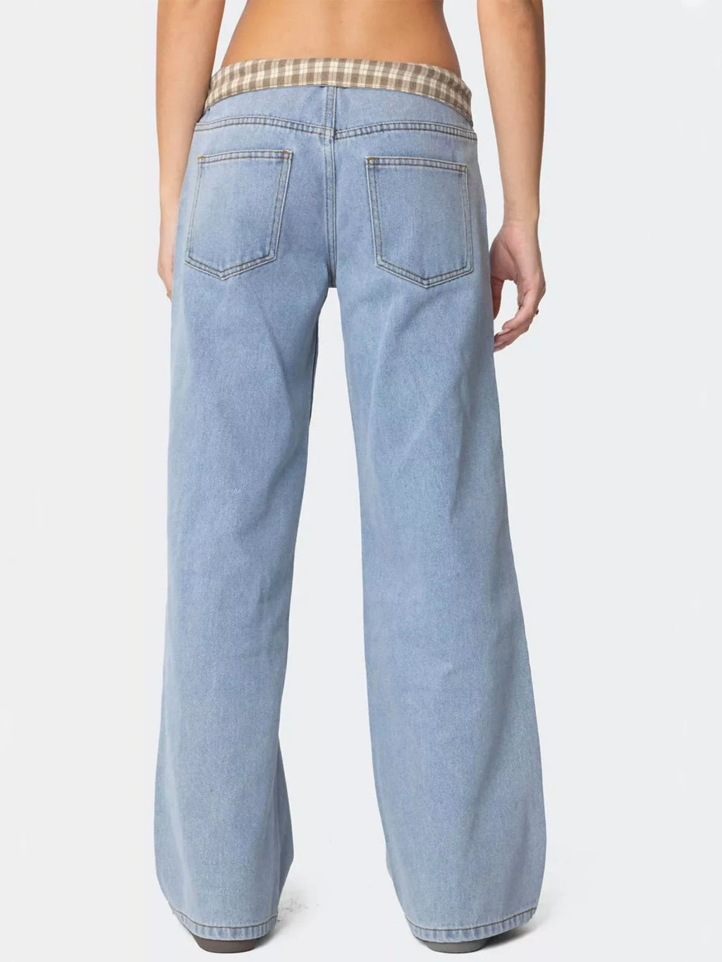 Plaid Trim Wide Leg Jeans