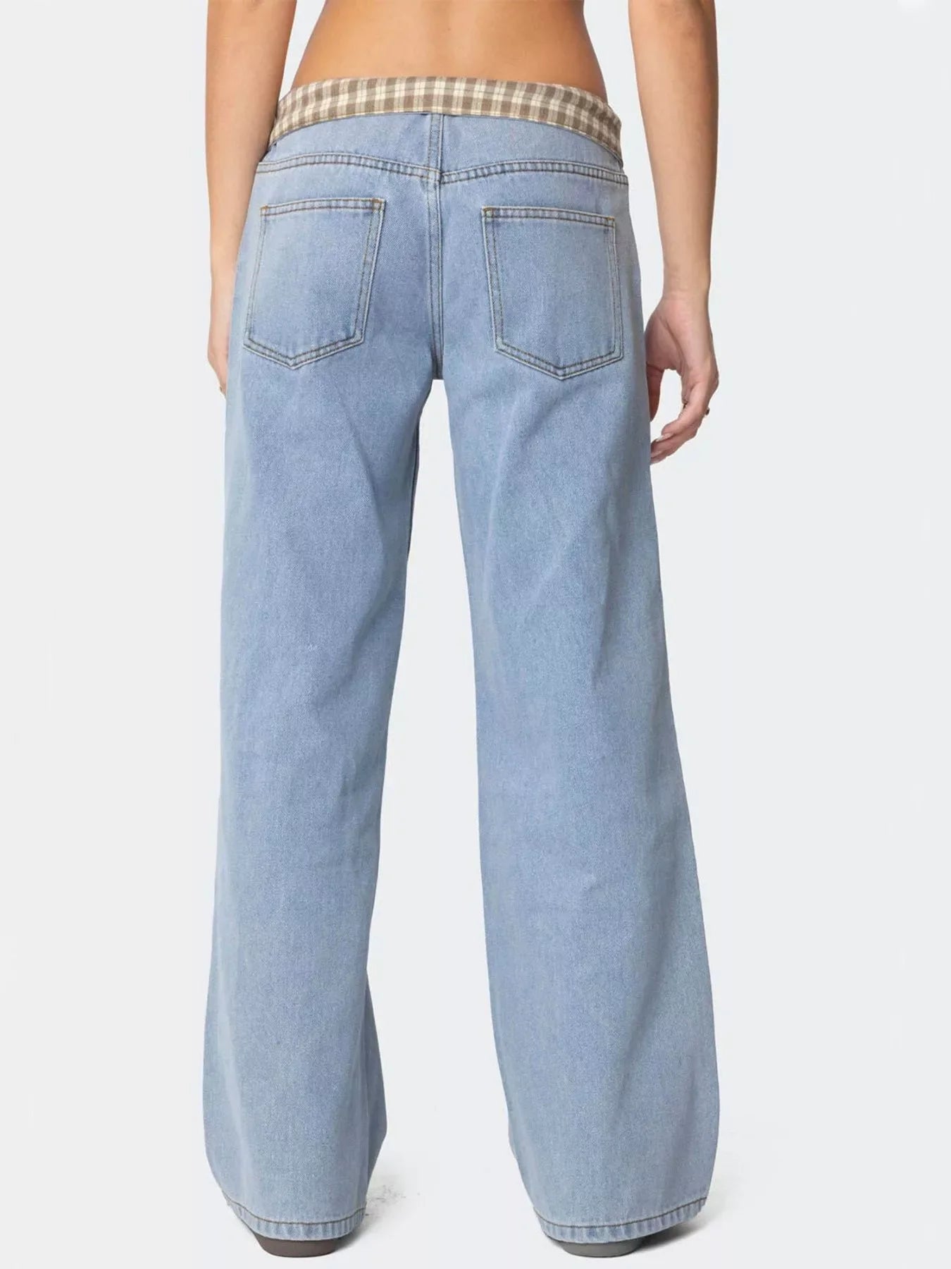 Plaid Trim Wide Leg Jeans