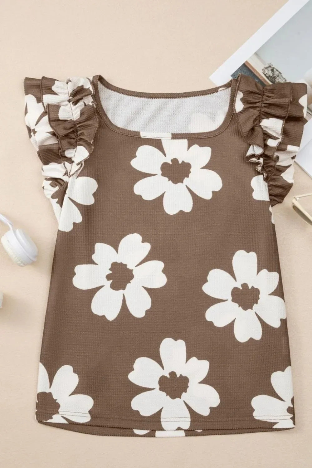 Floral Textured Ruffled Cap Sleeve Blouse