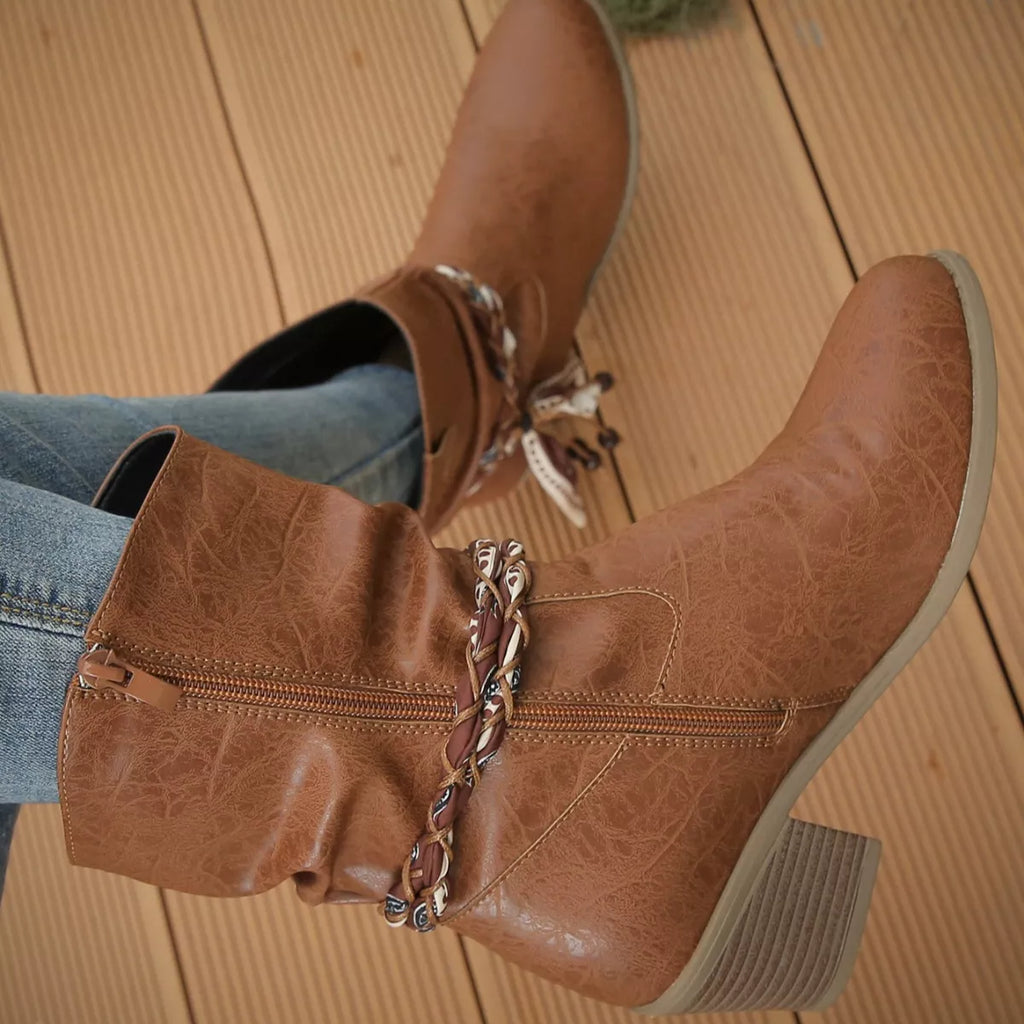 Braided Detail Western Boots with Block Heels