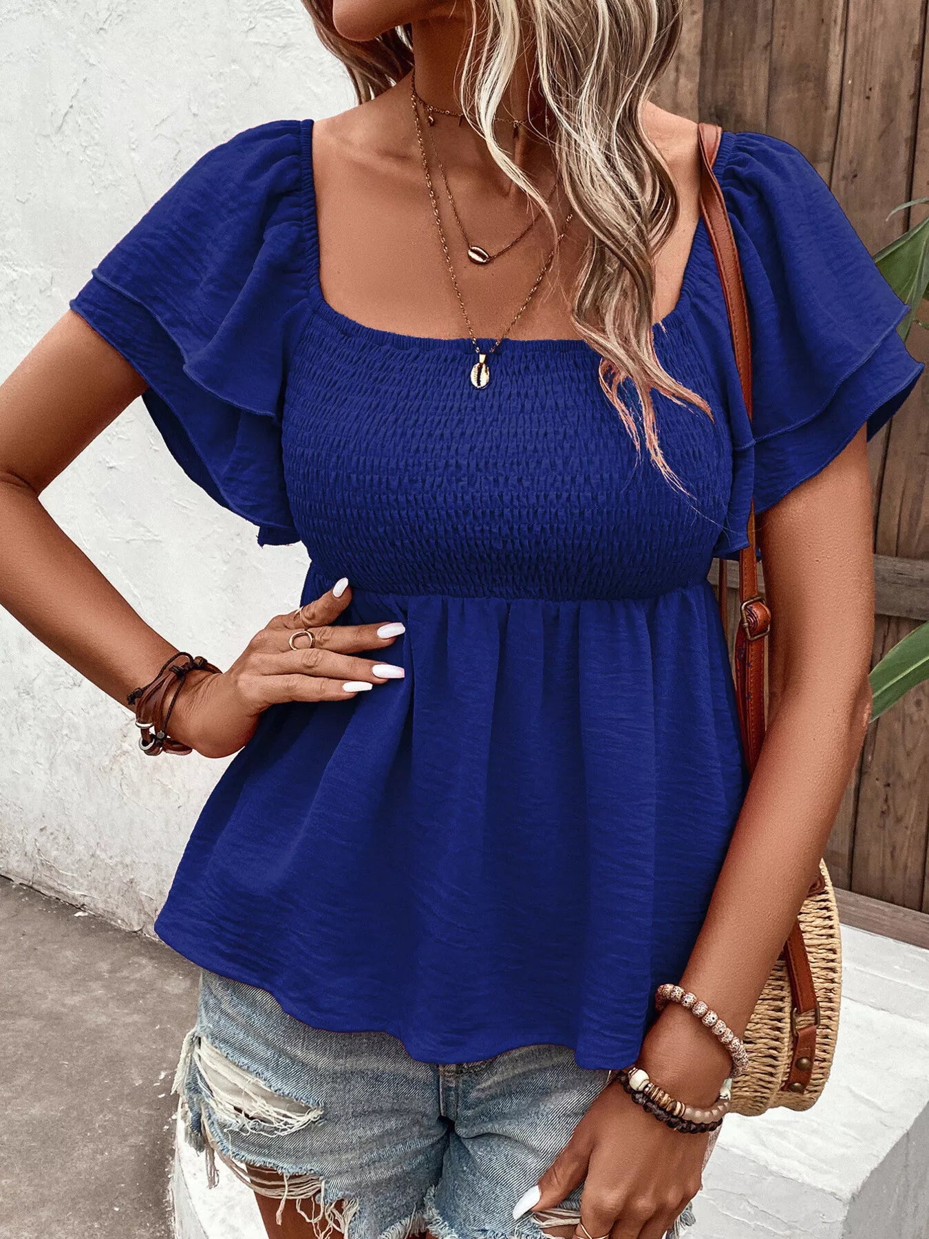 Smocked Square Neck Ruffle Sleeve Blouse