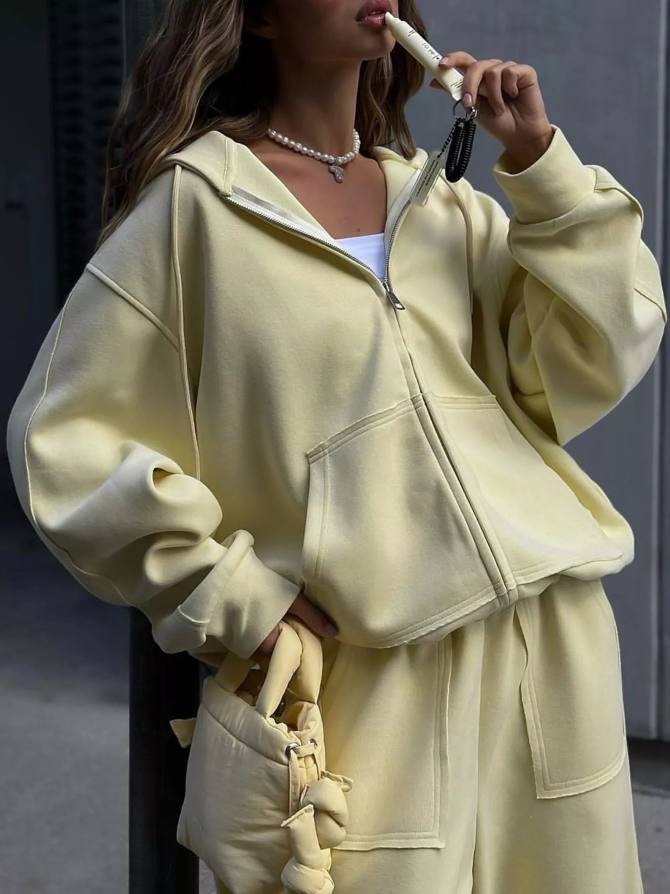 Oversized Zip-Up Hoodie and Wide-Leg Pants Set