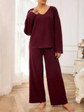 V-Neck Long Sleeve Top and Wide Leg Pants Set