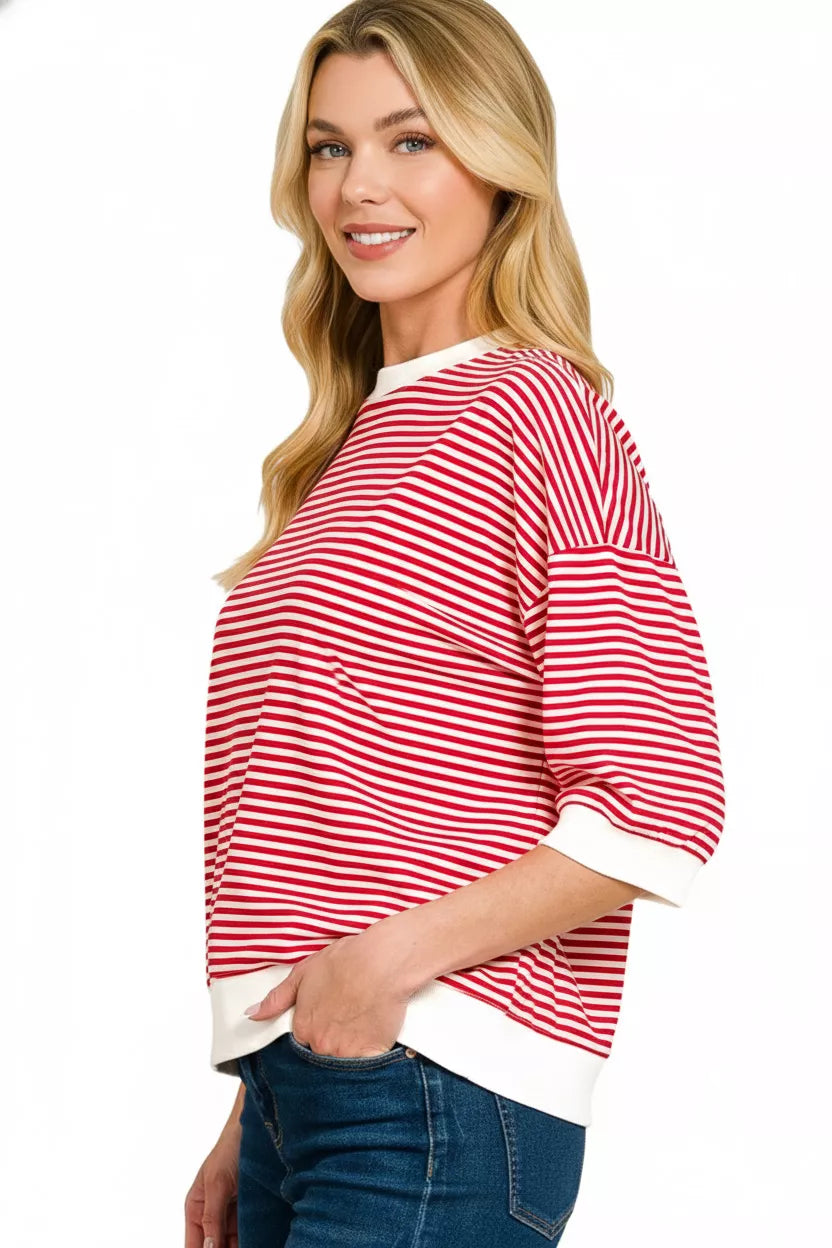 Zenana Striped Contrast Trim Banded Bottom Top