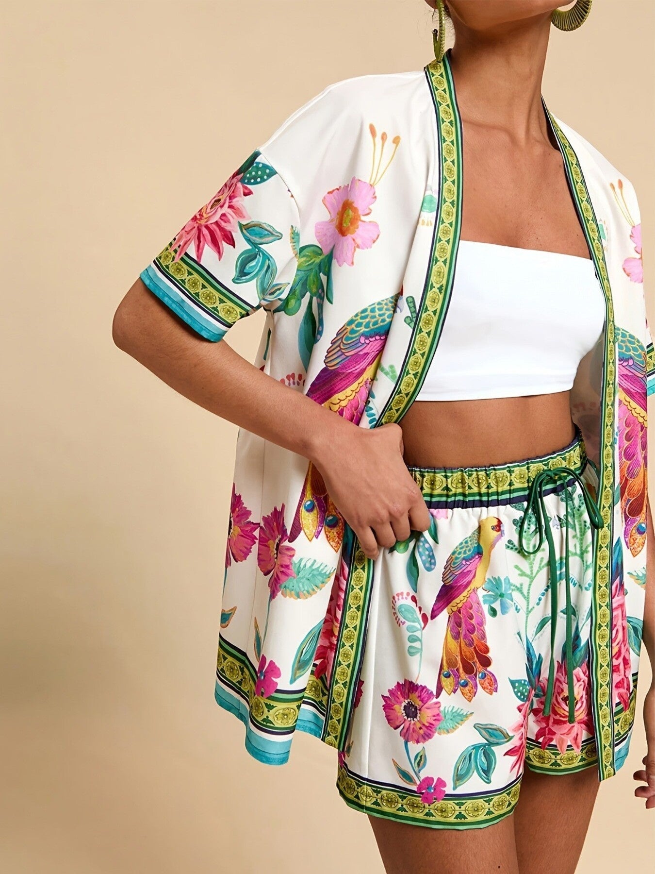 Printed Open Front Cardigan and Shorts Set