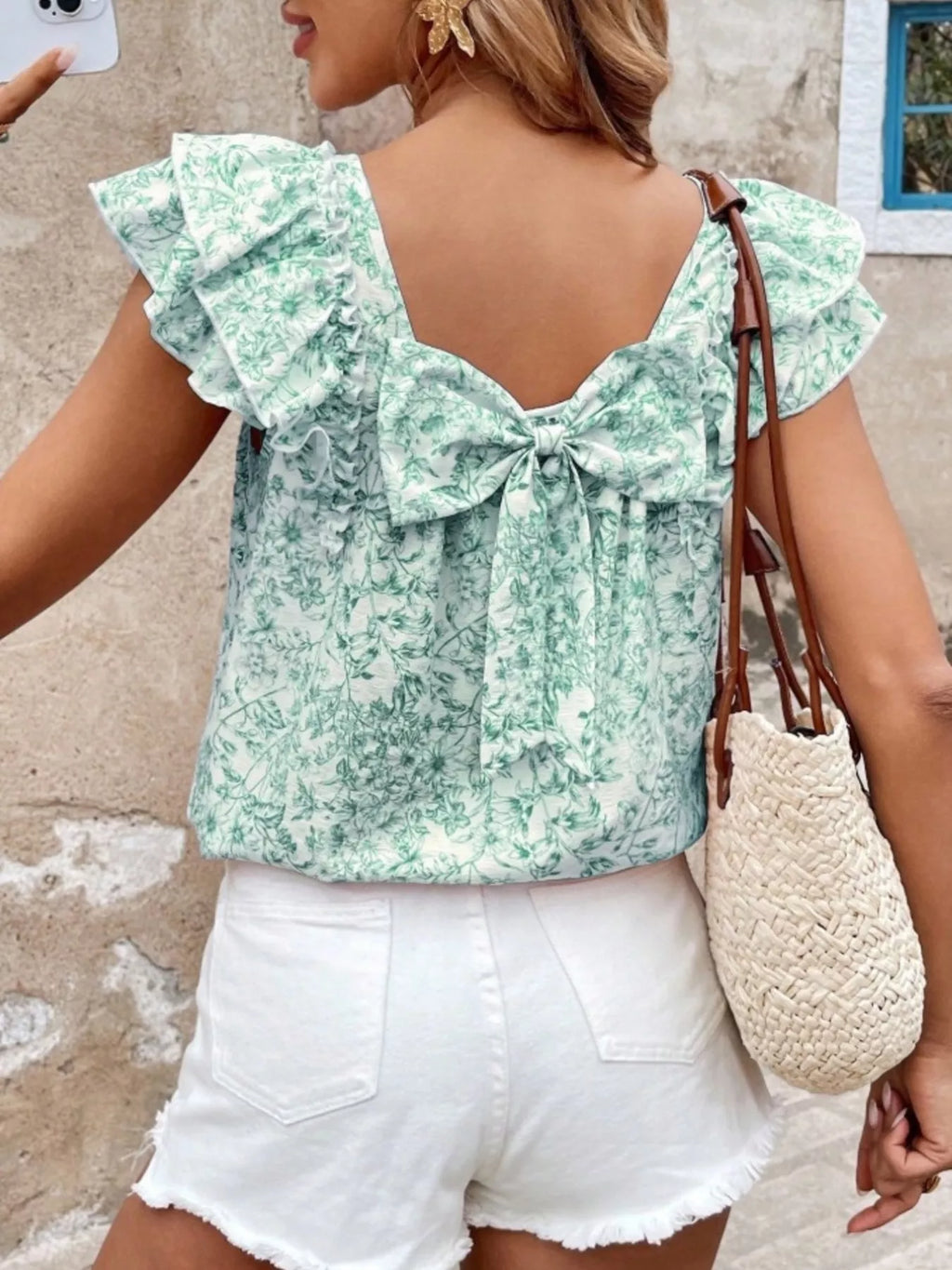 Floral Print Ruffle Trim Blouse