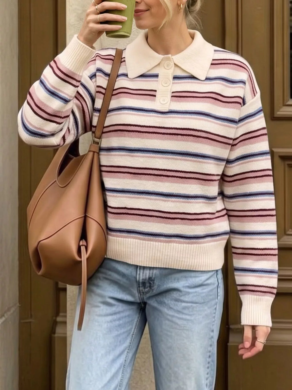 Striped Polo Collar Sweater